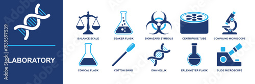 Laboratory icon set. Containing balance scale, beaker flask, biohazard symbol, centrifuge tube, compound microscope, conical flask, cotton swab, DNA helix and more. Solid fill vector icons