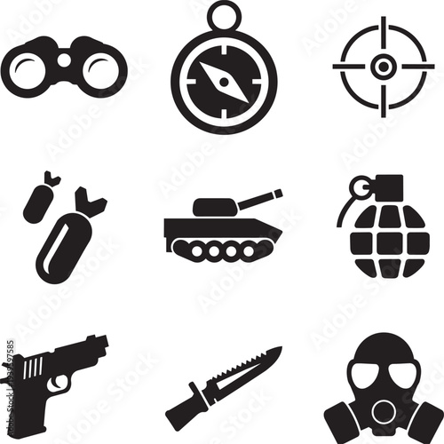 "military gear icons" main terms age, "vector" buyers ke attract kore, ar algorithm e quick match dey