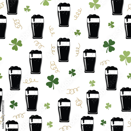 Festive stout beer glass with shamrock and confetti seamless vector background