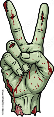 Severed Green Zombie Hand Making a Peace Sign Gesture with Bloody Wounds and Decaying Skin Isolated on White Background for Halloween Horror Graphic Design