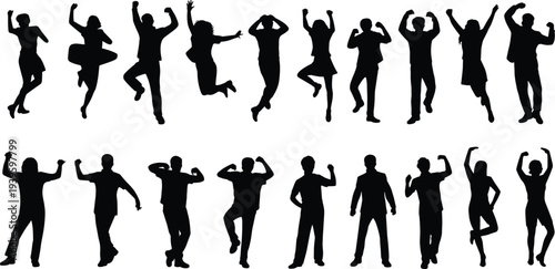 Black silhouette collection of people jumping and celebrating success isolated on white background, vector illustration for teamwork achievement and happiness in group projects.