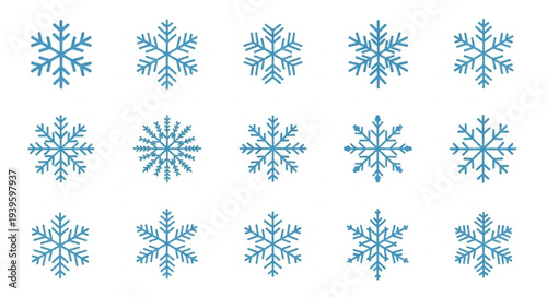 Collection of Various Blue Snowflakes on White Background.