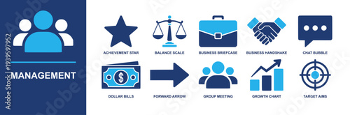 Management icon set. Containing achievement star, balance scale, briefcase, handshake, chat bubble, dollar bills, group meeting, growth chart, target aims and more. Solid fill vector icons.