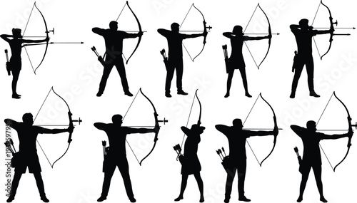 Black silhouette collection of professional archers aiming bows and arrows isolated on white background, vector illustration for archery sports and competitive tournament design assets.
