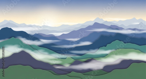 Abstract Mountain Landscape with Layers of Colors and Mist.