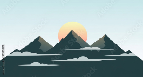 Serene Mountain Landscape with Sunrise and Clouds.