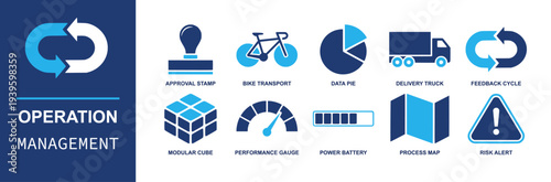 Operation management icon set. Containing approval stamp, delivery truck, data pie, feedback cycle, modular cube, gauge, process map, alert, transport and more. Solid fill vector icons