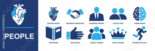 People icon set. Containing beating heart, handshake, business person, couple, human brain, open book, helping hand, crowd, crown, running athlete and more. Solid fill vector icons