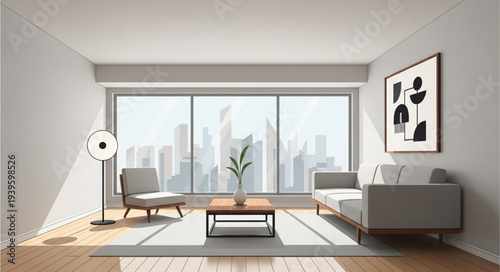 Modern Living Room Interior with Large Window and Minimalist Furniture.