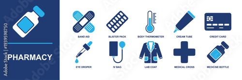 Pharmacy icon set. Containing band aid, blister pack, thermometer, cream tube, credit card, eye dropper, IV bag, lab coat, medical cross, medicine bottle and more. Solid fill vector icons