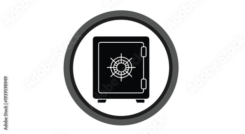 A black and white icon of a safe with a circular border