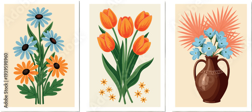 Vintage Botanical Flower Poster Set with Daisy Tulip and Floral Vase Decorative Wall Art Illustration