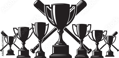 Collection of trophies and sports equipment in black silhouette