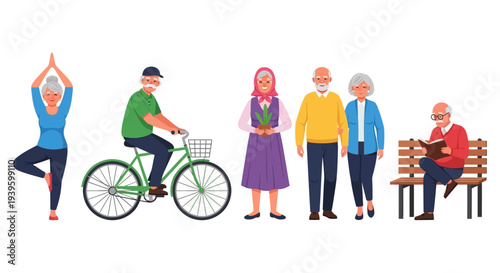 Happy, Active Seniors: Diverse Hobbies and Healthy Lifestyle (Yoga, Cycling, Reading, Gardening, Walking)