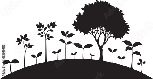 Black Silhouette of Tree and Seedlings on White Background