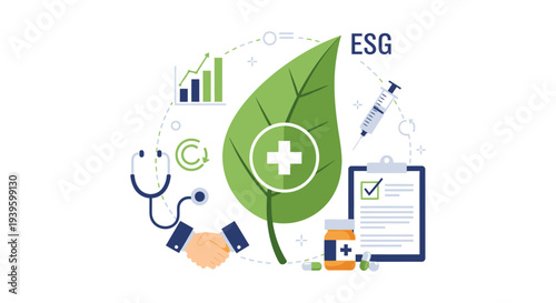 ESG Healthcare Sustainability Concept: Green Medical Solutions, Corporate Responsibility & Pharmaceutical Innovation Illustration