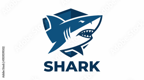 A stylized blue shark head with sharp teeth inside a dark blue shield logo, with the word "SHARK" written below it.
