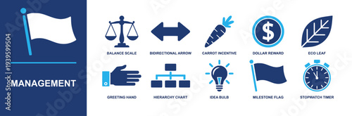 Management icon set. Containing balance scale, double arrow, carrot incentive, dollar reward, eco leaf, hierarchy chart, idea bulb, milestone flag and more. Solid fill vector icons