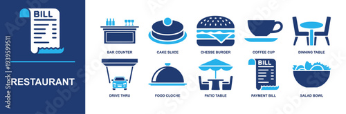 Restaurant icon set. Containing bar counter, cake slice, burger, coffee cup, dining table, drive thru, food cloche, patio table, bill, salad bowl and more. Solid fill vector icons