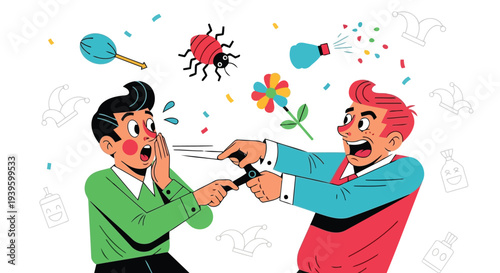 Retro comic men reacting to bug prank with confetti graphic