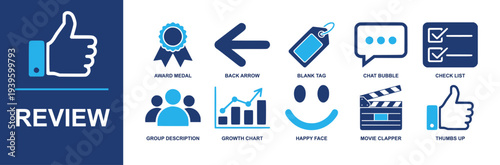 Review icon set. Containing award medal, back arrow, blank tag, chat bubble, checklist, group, growth chart, happy face, movie clapper, thumbs up and more. Solid fill vector icons