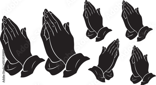 Praying hands in black silhouette on white background together