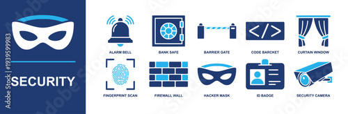 Security icon set. Containing alarm bell, bank safe, barrier gate, code bracket, fingerprint scan, firewall wall, hacker mask, ID badge, security camera and more. Solid fill vector icons
