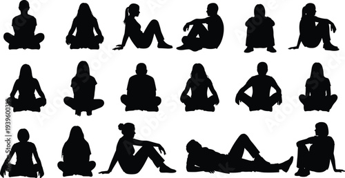 People sitting silhouettes collection, male female poses vector set, relaxed human figures isolated on white background for design