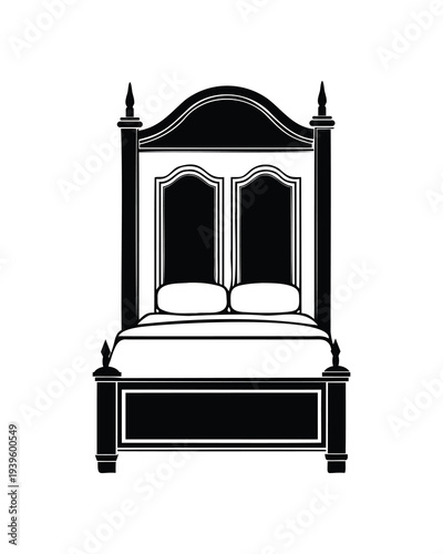 Double bed icon silhouette vector, bedroom furniture bed symbol illustration 