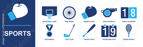 Sports icon set. Containing basketball hoop, bike wheel, boxing glove, whistle, calendar, gold medal, golf club, hockey stick, scorecard, tennis racket and more. Solid fill vector icons