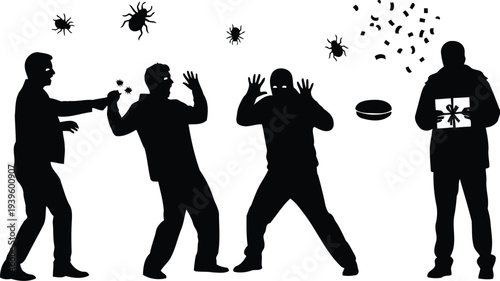 Silhouette men terrified by bug prank from surprise gift box