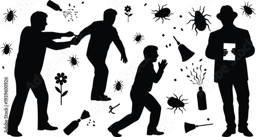 Silhouette people fighting giant bug infestation with spray