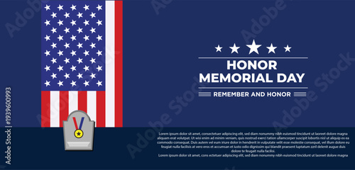 Memorial Day. Remember and Honor. United states flag poster. American flag and text on blue with stars background for Memorial Day.