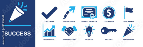 Success icon set. Containing check mark, curved arrow, certificate, dollar coin, flag marker, growth chart, handshake deal, idea bulb, key, party popper and more. Solid fill vector icons