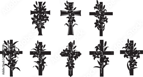 Set of black crosses with leaves and flowers arrangement