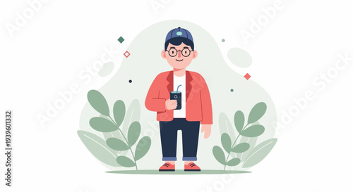 Young person in a cap and glasses holds a drink, surrounded by foliage