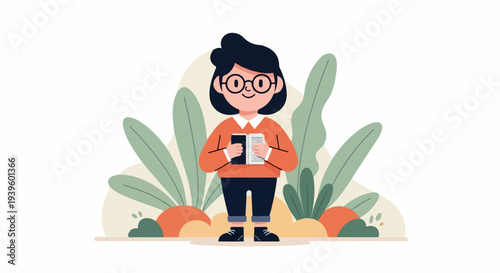 A smiling girl with dark hair, glasses, and an orange sweater reads a book