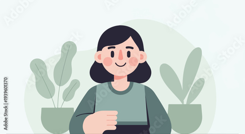 A minimalist illustration of a smiling person with dark hair and rosy cheeks, seated at a desk with potted plants