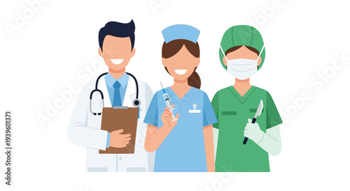 Healthcare Professionals Team Illustration: Doctor, Nurse, and Surgeon