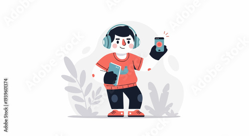 Young person with headphones holds a phone and a tablet, smiling