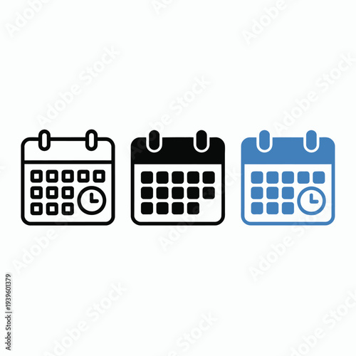 Three calendar icons with clock symbol Keywords: calendar, date, schedule, time, clock