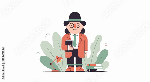 A stylized person in a hat, glasses, and suit holding a book, surrounded by plants and books