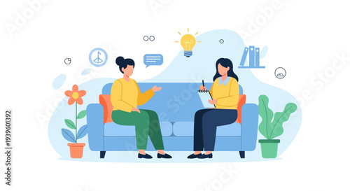 Therapy Counseling Session Illustration: Psychologist Listening to Patient's Ideas and Providing Mental Health Support
