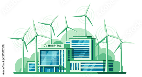 Green Hospital Building with Wind Turbines: Sustainable Healthcare Powered by Renewable Energy. Eco-Friendly Medical Facility Illustration.