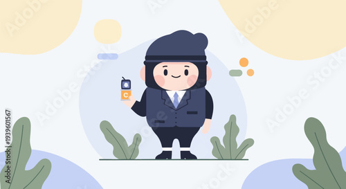 Friendly cartoon character in a suit holding stacked blocks