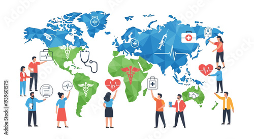 Global Healthcare Network: Medical Services, Access, and Collaboration Worldwide on a World Map