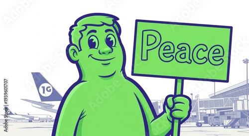 A giant, ultra-realistic cartoon-style doll holding a sign with the word "Peace" on it, at an airport.