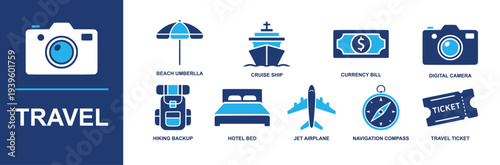 Travel icon set. Containing beach umbrella, cruise ship, currency bill, digital camera, hiking backpack, hotel bed, jet airplane, compass, travel ticket and more. Solid fill vector icons