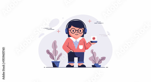 Cheerful person in headphones holding a phone with a checkmark