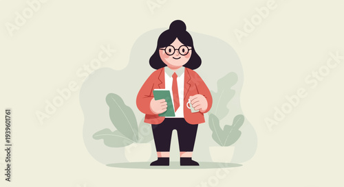 Animated woman in a suit with glasses, holding a book and cup, amid plants